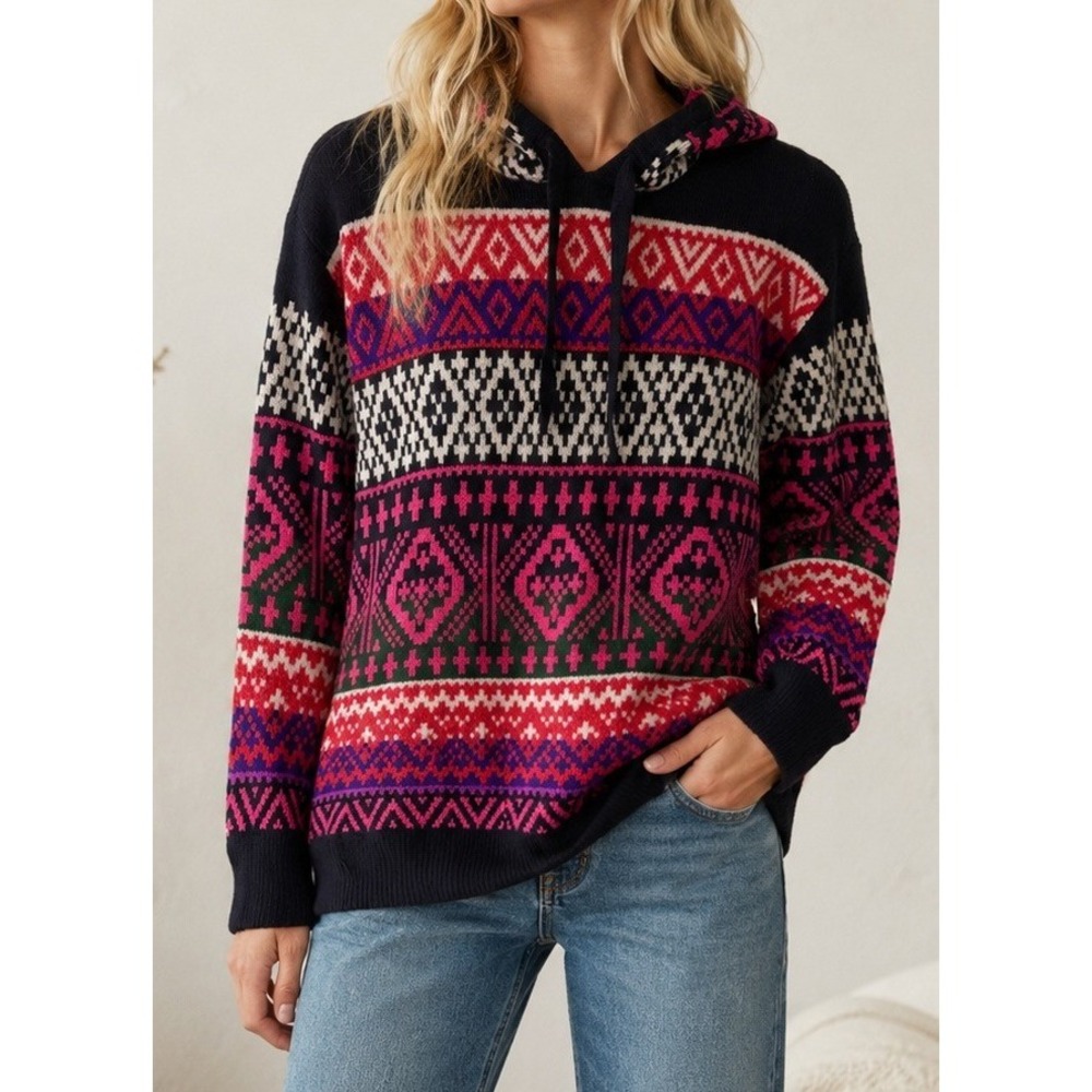 NWT Lane Bryant Women Fair Isle Knit Hooded Sweater 10/12 Nordic Boho Pullover